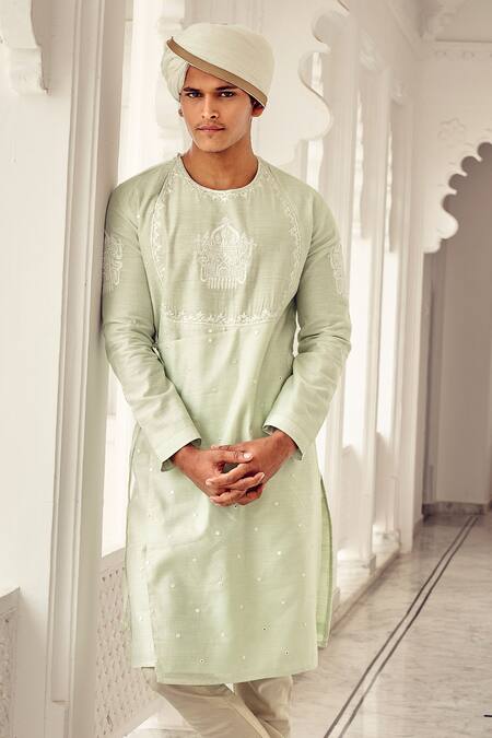 Shop_Nitesh Singh Chauhan_Green Cotton , Chanderi Blend Hand Embroidered Kurta Set _Online_at_Aza_Fashions