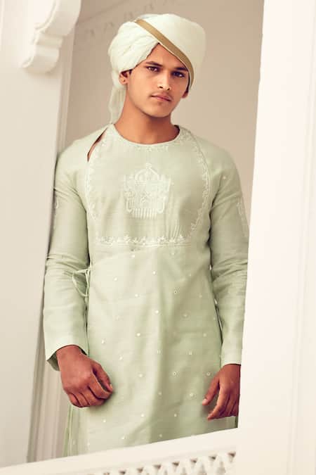 Nitesh Singh Chauhan_Green Cotton , Chanderi Blend Hand Embroidered Kurta Set _at_Aza_Fashions