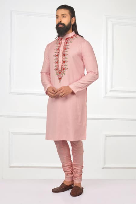 Nitesh Singh Chauhan_Pink Cotton Silk Blend Hand Embroidered Kurta Set _Online_at_Aza_Fashions