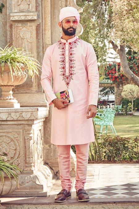 Buy_Nitesh Singh Chauhan_Pink Cotton Silk Blend Hand Embroidered Kurta Set _Online_at_Aza_Fashions