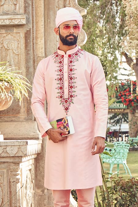 Shop_Nitesh Singh Chauhan_Pink Cotton Silk Blend Hand Embroidered Kurta Set _Online_at_Aza_Fashions