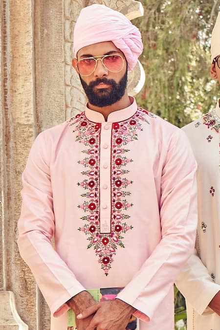 Nitesh Singh Chauhan_Pink Cotton Silk Blend Hand Embroidered Kurta Set _at_Aza_Fashions