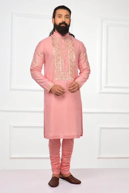 Nitesh Singh Chauhan_Pink Cotton , Chanderi Blend Embroidered Kurta Set _Online_at_Aza_Fashions