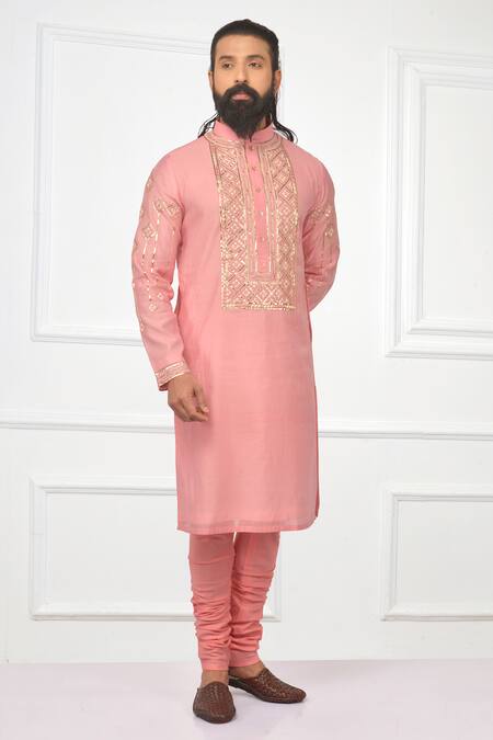 Buy_Nitesh Singh Chauhan_Pink Cotton , Chanderi Blend Embroidered Kurta Set _Online_at_Aza_Fashions