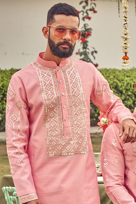 Shop_Nitesh Singh Chauhan_Pink Cotton , Chanderi Blend Embroidered Kurta Set _Online_at_Aza_Fashions