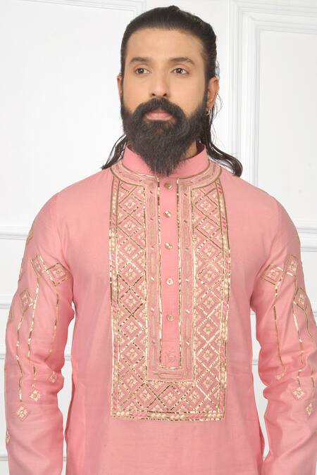 Nitesh Singh Chauhan_Pink Cotton , Chanderi Blend Embroidered Kurta Set _at_Aza_Fashions