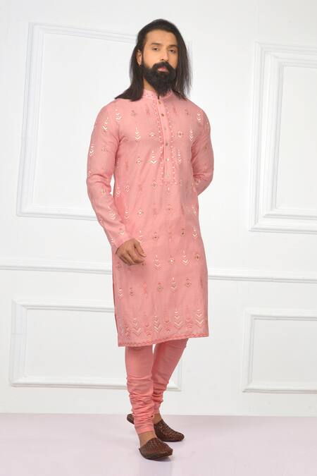 Nitesh Singh Chauhan_Pink Cotton , Chanderi Blend Embroidered Kurta Set _Online_at_Aza_Fashions