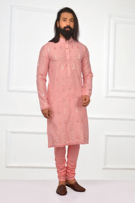 Buy_Nitesh Singh Chauhan_Pink Cotton , Chanderi Blend Embroidered Kurta Set _Online_at_Aza_Fashions