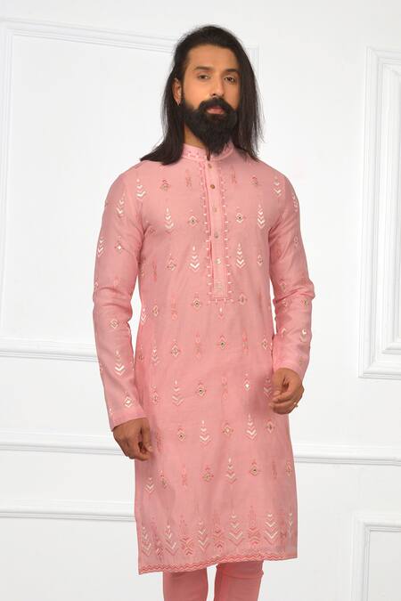 Shop_Nitesh Singh Chauhan_Pink Cotton , Chanderi Blend Embroidered Kurta Set _Online_at_Aza_Fashions