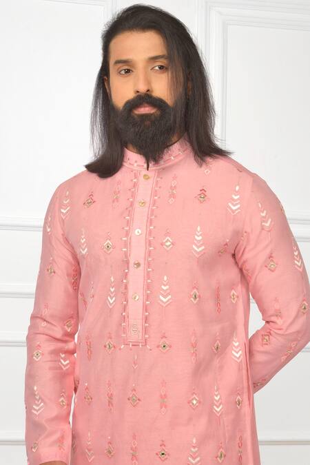 Nitesh Singh Chauhan_Pink Cotton , Chanderi Blend Embroidered Kurta Set _at_Aza_Fashions