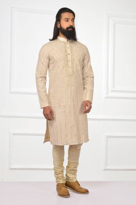 Nitesh Singh Chauhan Beige Cotton Silk Blend Embroidered Kurta Set Online at Aza Fashions Nitesh Singh Chauhan_Beige Cotton Silk Blend Embroidered Kurta Set _Online_at_Aza_Fashions