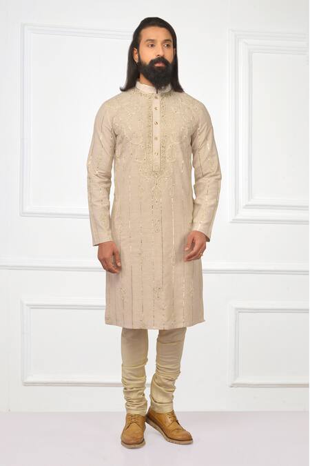 Buy Nitesh Singh Chauhan Beige Cotton Silk Blend Embroidered Kurta Set Online at Aza Fashions Buy_Nitesh Singh Chauhan_Beige Cotton Silk Blend Embroidered Kurta Set _Online_at_Aza_Fashions