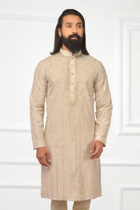 Shop Nitesh Singh Chauhan Beige Cotton Silk Blend Embroidered Kurta Set Online at Aza Fashions Shop_Nitesh Singh Chauhan_Beige Cotton Silk Blend Embroidered Kurta Set _Online_at_Aza_Fashions