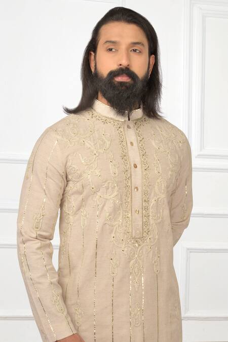 Nitesh Singh Chauhan Beige Cotton Silk Blend Embroidered Kurta Set at Aza Fashions Nitesh Singh Chauhan_Beige Cotton Silk Blend Embroidered Kurta Set _at_Aza_Fashions