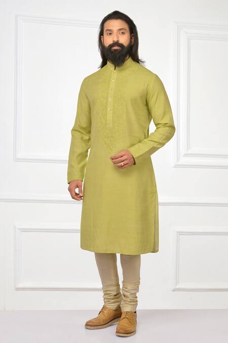 Nitesh Singh Chauhan_Green Silk, Blend Hand Embroidered Kurta Set _Online_at_Aza_Fashions