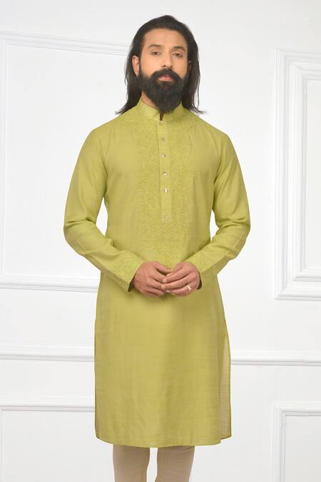 Buy_Nitesh Singh Chauhan_Green Silk, Blend Hand Embroidered Kurta Set _Online_at_Aza_Fashions