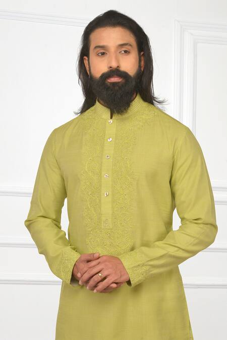 Shop_Nitesh Singh Chauhan_Green Silk, Blend Hand Embroidered Kurta Set _Online_at_Aza_Fashions