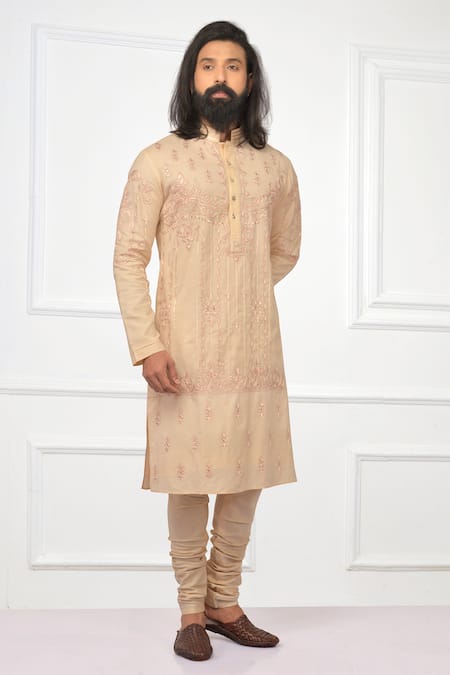 Nitesh Singh Chauhan_Peach Cotton Blend Embroidered Kurta Set _Online_at_Aza_Fashions