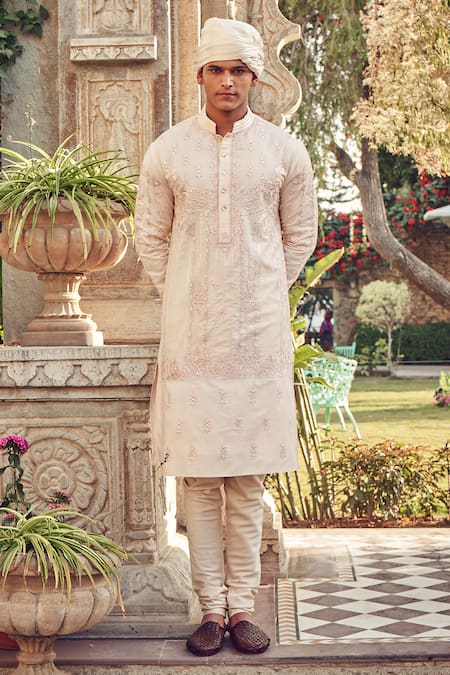 Buy_Nitesh Singh Chauhan_Peach Cotton Blend Embroidered Kurta Set _Online_at_Aza_Fashions