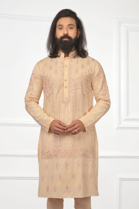 Shop_Nitesh Singh Chauhan_Peach Cotton Blend Embroidered Kurta Set _Online_at_Aza_Fashions
