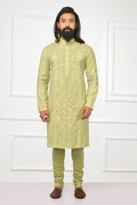 Nitesh Singh Chauhan_Green Cotton Silk Blend Embroidered Kurta Set _Online_at_Aza_Fashions