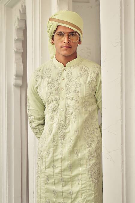 Buy_Nitesh Singh Chauhan_Green Cotton Silk Blend Embroidered Kurta Set _Online_at_Aza_Fashions