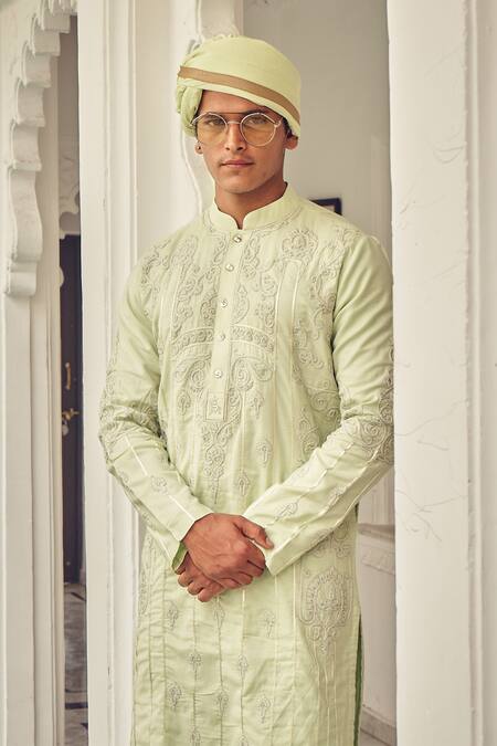 Shop_Nitesh Singh Chauhan_Green Cotton Silk Blend Embroidered Kurta Set _Online_at_Aza_Fashions