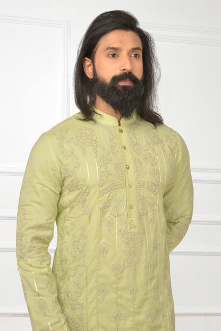 Nitesh Singh Chauhan_Green Cotton Silk Blend Embroidered Kurta Set _at_Aza_Fashions