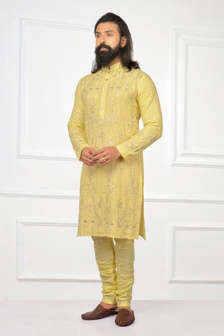 Nitesh Singh Chauhan_Yellow Cotton Silk Blend Embroidered Kurta Set _Online_at_Aza_Fashions