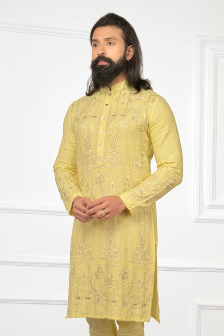 Buy_Nitesh Singh Chauhan_Yellow Cotton Silk Blend Embroidered Kurta Set _Online_at_Aza_Fashions