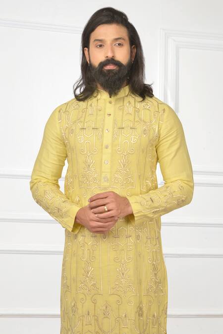 Shop_Nitesh Singh Chauhan_Yellow Cotton Silk Blend Embroidered Kurta Set _Online_at_Aza_Fashions