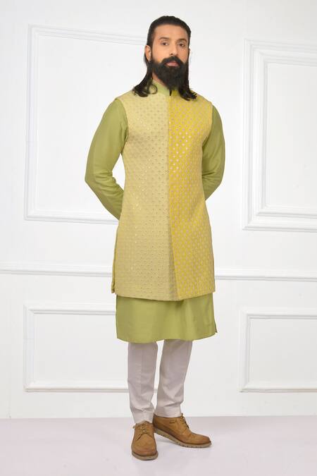 Nitesh Singh Chauhan_Yellow Crepe, Cotton Silk Blend Embroidered Bundi And Kurta Set _Online_at_Aza_Fashions
