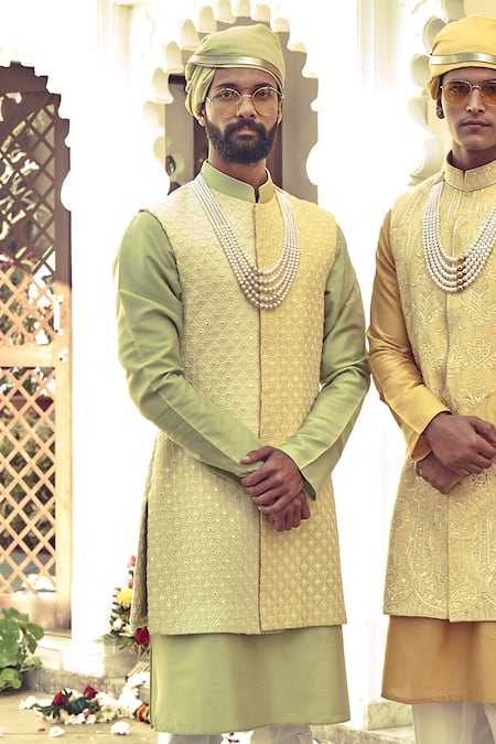 Buy_Nitesh Singh Chauhan_Yellow Crepe, Cotton Silk Blend Embroidered Bundi And Kurta Set _Online_at_Aza_Fashions