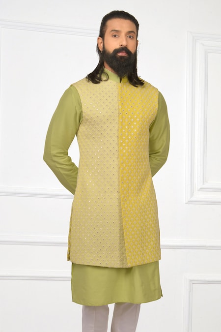 Shop_Nitesh Singh Chauhan_Yellow Crepe, Cotton Silk Blend Embroidered Bundi And Kurta Set _Online_at_Aza_Fashions