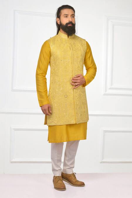Nitesh Singh Chauhan_Yellow Cotton Silk Blend Embroidered Bundi And Kurta Set _Online_at_Aza_Fashions