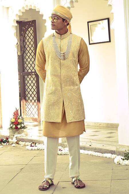 Buy_Nitesh Singh Chauhan_Yellow Cotton Silk Blend Embroidered Bundi And Kurta Set _Online_at_Aza_Fashions