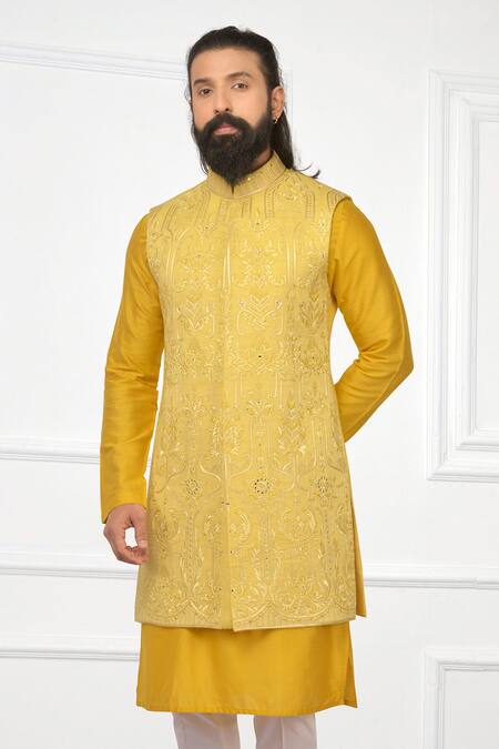 Shop_Nitesh Singh Chauhan_Yellow Cotton Silk Blend Embroidered Bundi And Kurta Set _Online_at_Aza_Fashions