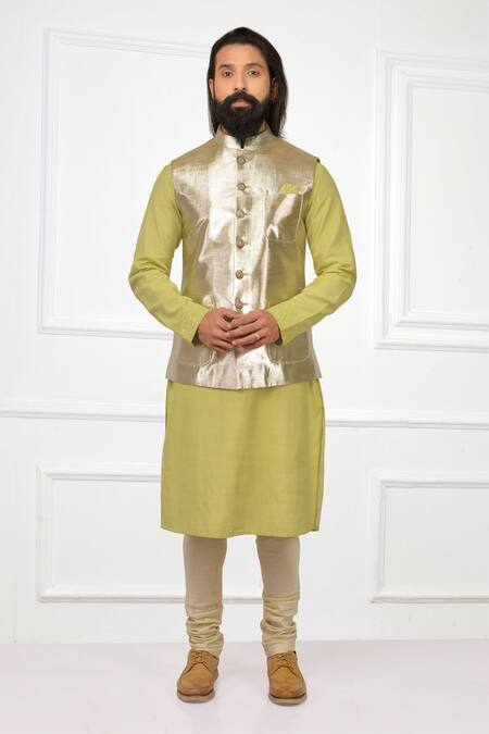 Shop_Nitesh Singh Chauhan_Silver Taffeta, Cotton Blend Zari Bundi And Kurta Set _Online_at_Aza_Fashions