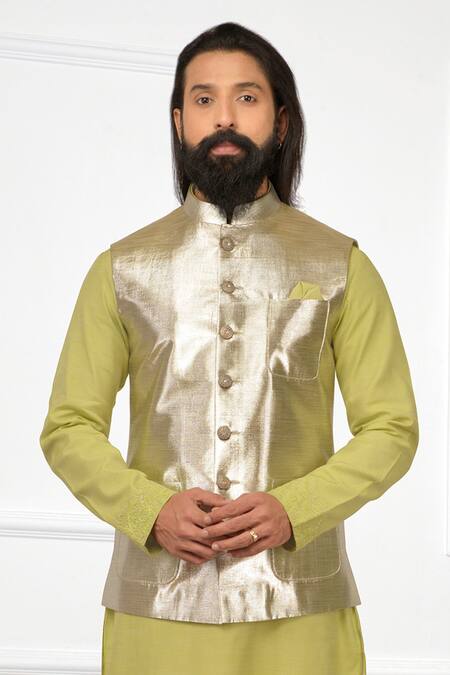 Nitesh Singh Chauhan_Silver Taffeta, Cotton Blend Zari Bundi And Kurta Set _at_Aza_Fashions