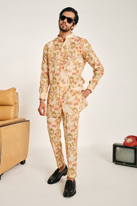 Project Bandi Beige Kora Chanderi Floral Jaal Print Kurta Set 