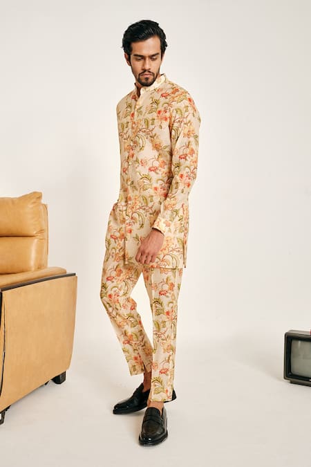 Shop Project Bandi Beige Kora Chanderi Floral Jaal Print Kurta Set at Aza Fashions Shop_Project Bandi_Beige Kora Chanderi Floral Jaal Print Kurta Set _at_Aza_Fashions