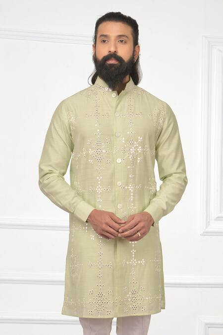Nitesh Singh Chauhan_Green Chanderi Silk Blend Embroidered Kurta Set _Online_at_Aza_Fashions
