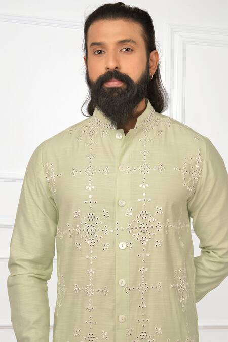 Buy_Nitesh Singh Chauhan_Green Chanderi Silk Blend Embroidered Kurta Set _Online_at_Aza_Fashions