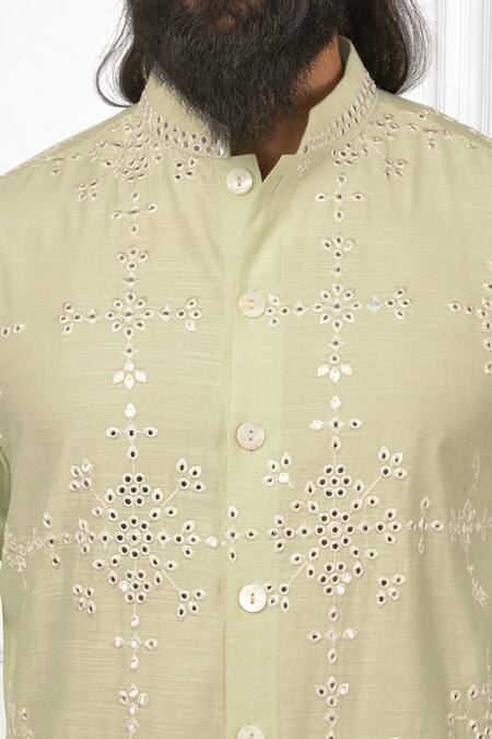 Nitesh Singh Chauhan_Green Chanderi Silk Blend Embroidered Kurta Set _at_Aza_Fashions