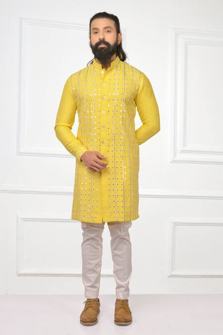Nitesh Singh Chauhan_Yellow Cotton Silk Blend Embroidered Kurta Set _Online_at_Aza_Fashions