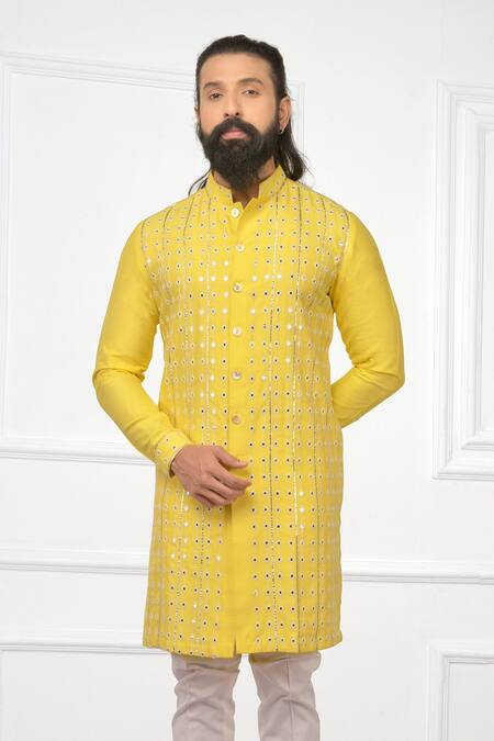 Buy_Nitesh Singh Chauhan_Yellow Cotton Silk Blend Embroidered Kurta Set _Online_at_Aza_Fashions