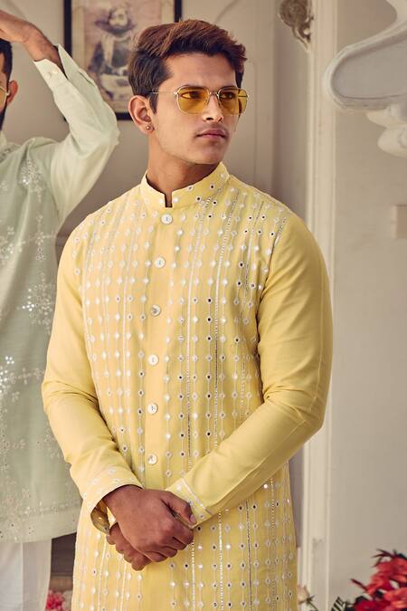 Shop_Nitesh Singh Chauhan_Yellow Cotton Silk Blend Embroidered Kurta Set _Online_at_Aza_Fashions