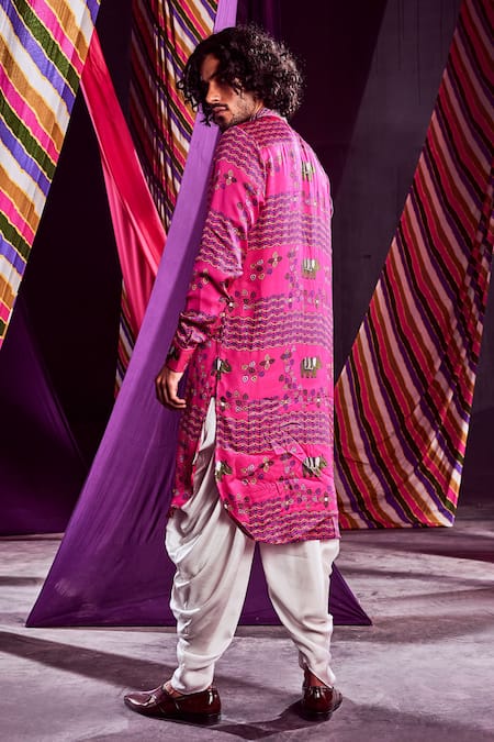 Shop_Punit Balana_Pink Satin Silk Hand Block Print, Resham And Coin Kurta & Draped Pant Set _at_Aza_Fashions