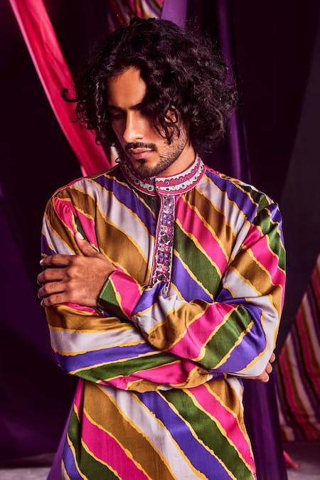 Punit Balana_Multi Color Satin Silk Resham And Mirror, Stripe Print Kurta & Pant Set _Online_at_Aza_Fashions