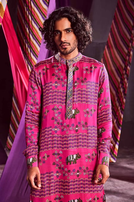 Punit Balana_Pink Satin Silk Hand Block Print, Resham And Coin Kurta & Draped Pant Set _Online_at_Aza_Fashions